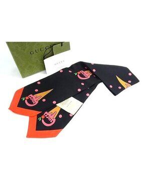 Gucci Neck Bow Silk Ice Pattern Ribbon Scarf Shawl Black